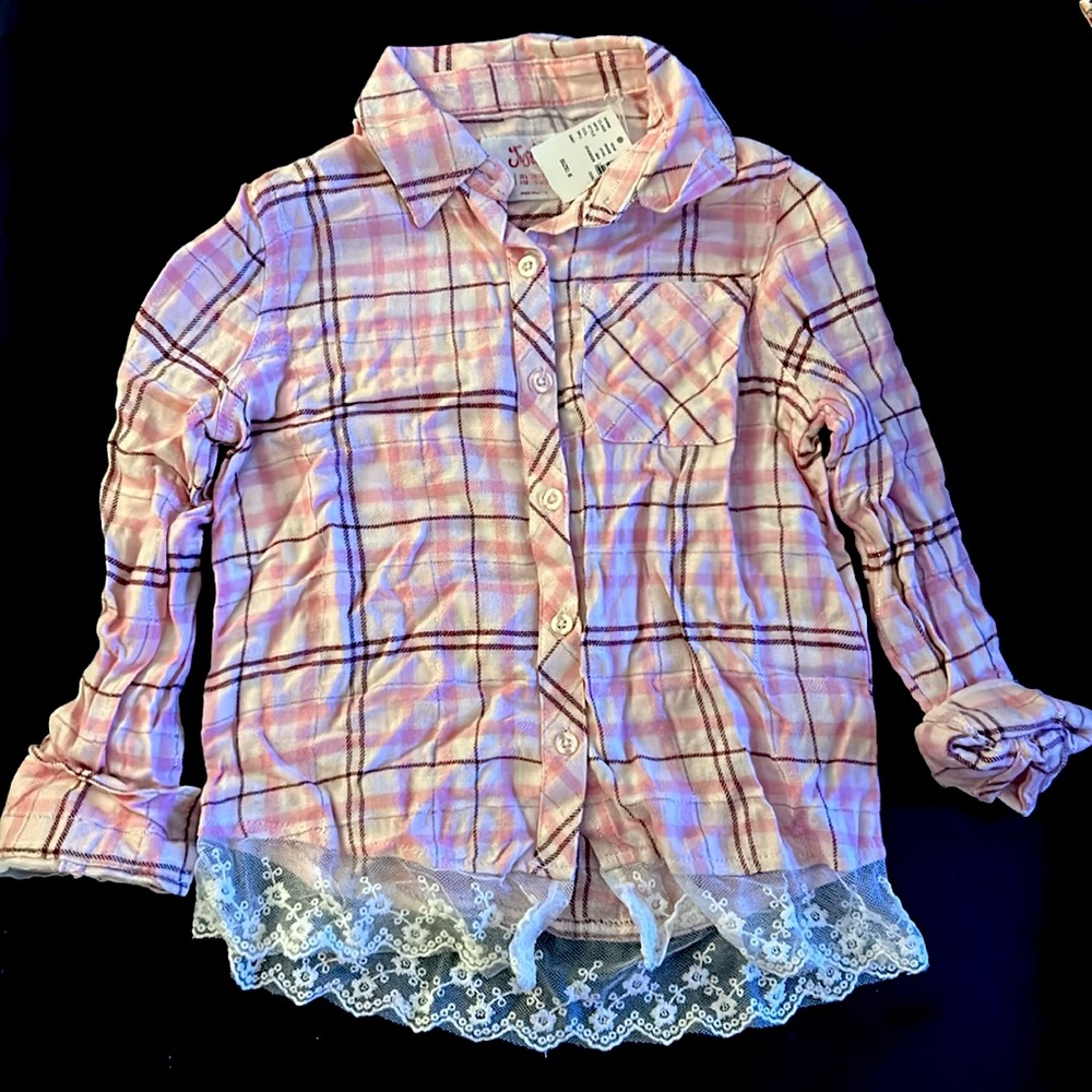 Justice plaid button down with white lace